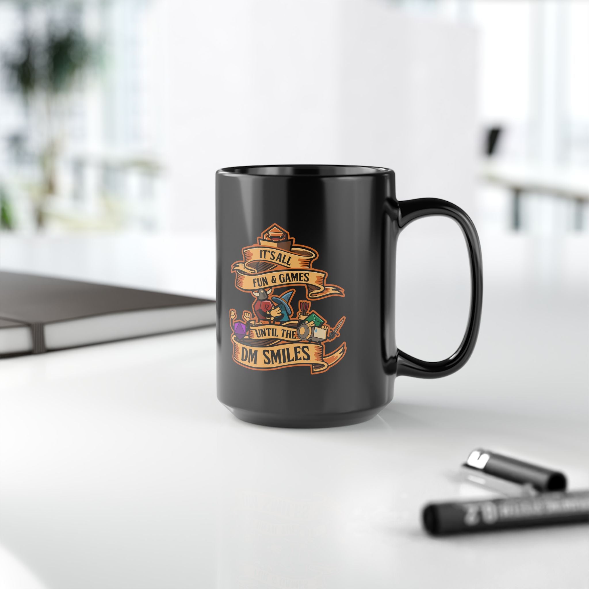 Dungeon master mug. Dnd mug. It's all Fun and Games Until the Dm smiles. D20 dice. 11/15 oz Coffee mug