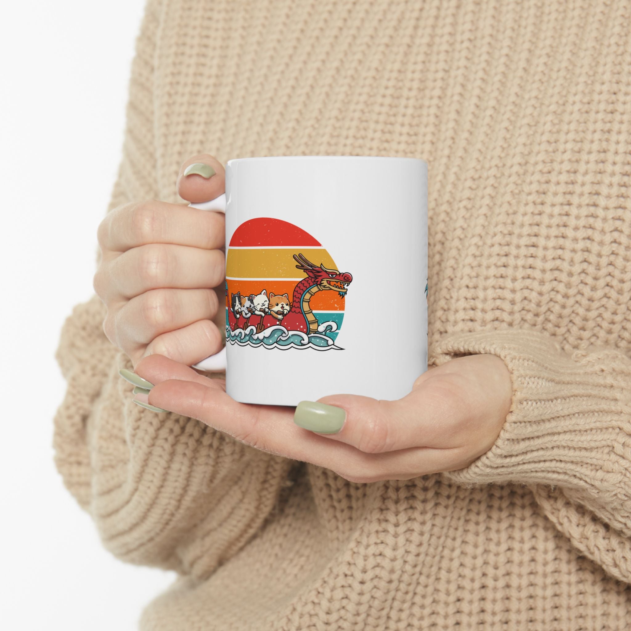 Cute Cat Dragon Boat Racing Retro Sunset Mug, Funny Cat Lovers Mug, Unique Gift for Cat Enthusiasts, Vintage Style Cat Art Mug