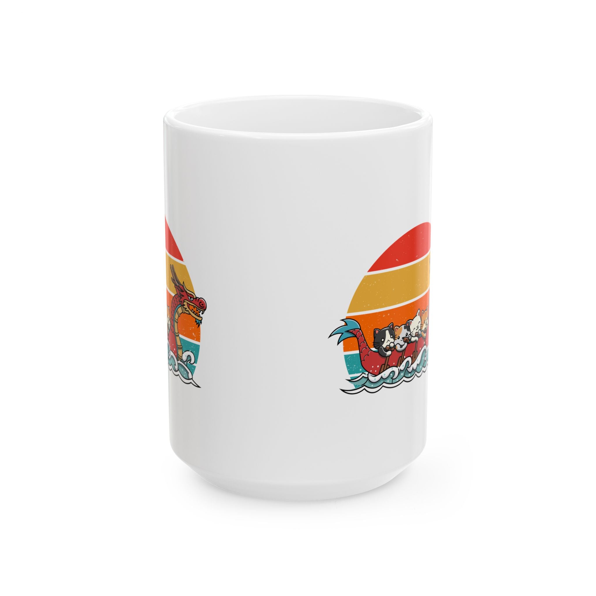 Cute Cat Dragon Boat Racing Retro Sunset Mug, Funny Cat Lovers Mug, Unique Gift for Cat Enthusiasts, Vintage Style Cat Art Mug