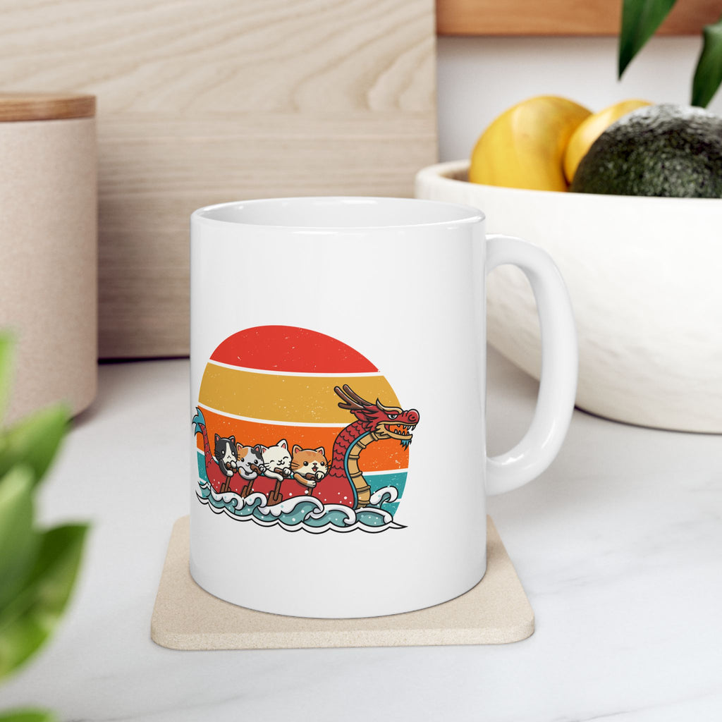 Cute Cat Dragon Boat Racing Retro Sunset Mug, Funny Cat Lovers Mug, Unique Gift for Cat Enthusiasts, Vintage Style Cat Art Mug