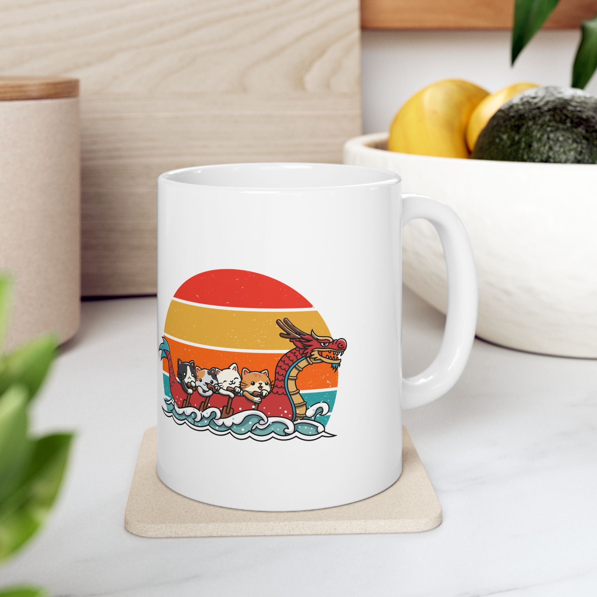 Cute Cat Dragon Boat Racing Retro Sunset Mug, Funny Cat Lovers Mug, Unique Gift for Cat Enthusiasts, Vintage Style Cat Art Mug