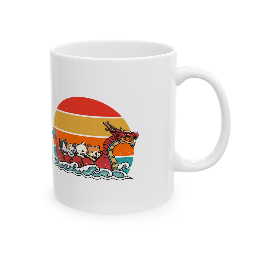 Cute Cat Dragon Boat Racing Retro Sunset Mug, Funny Cat Lovers Mug, Unique Gift for Cat Enthusiasts, Vintage Style Cat Art Mug