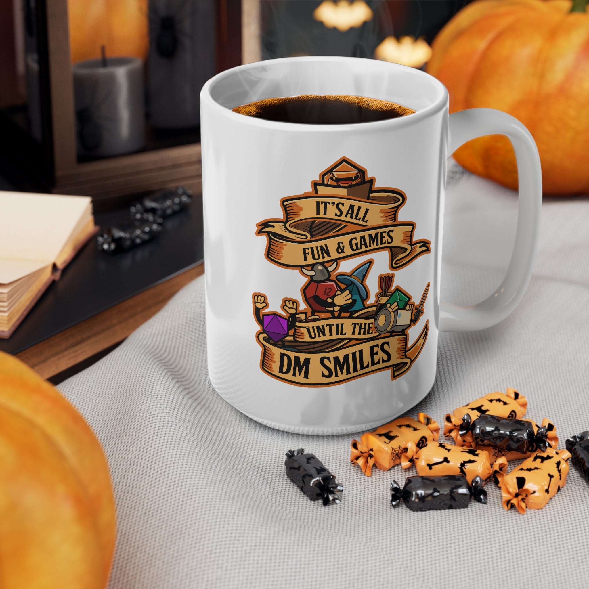 Dungeon master mug. Dnd mug. It's all Fun and Games Until the Dm smiles. D20 dice. 11/15 oz Coffee mug