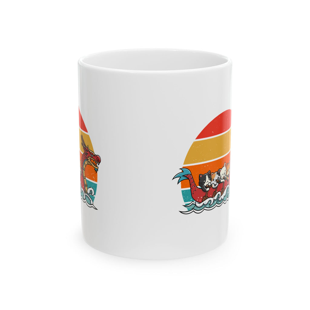 Cute Cat Dragon Boat Racing Retro Sunset Mug, Funny Cat Lovers Mug, Unique Gift for Cat Enthusiasts, Vintage Style Cat Art Mug