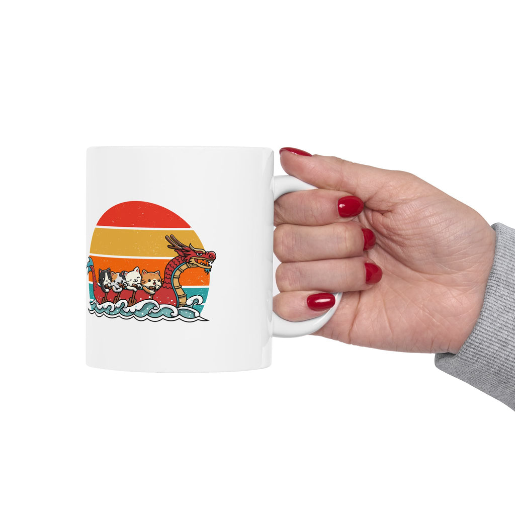 Cute Cat Dragon Boat Racing Retro Sunset Mug, Funny Cat Lovers Mug, Unique Gift for Cat Enthusiasts, Vintage Style Cat Art Mug
