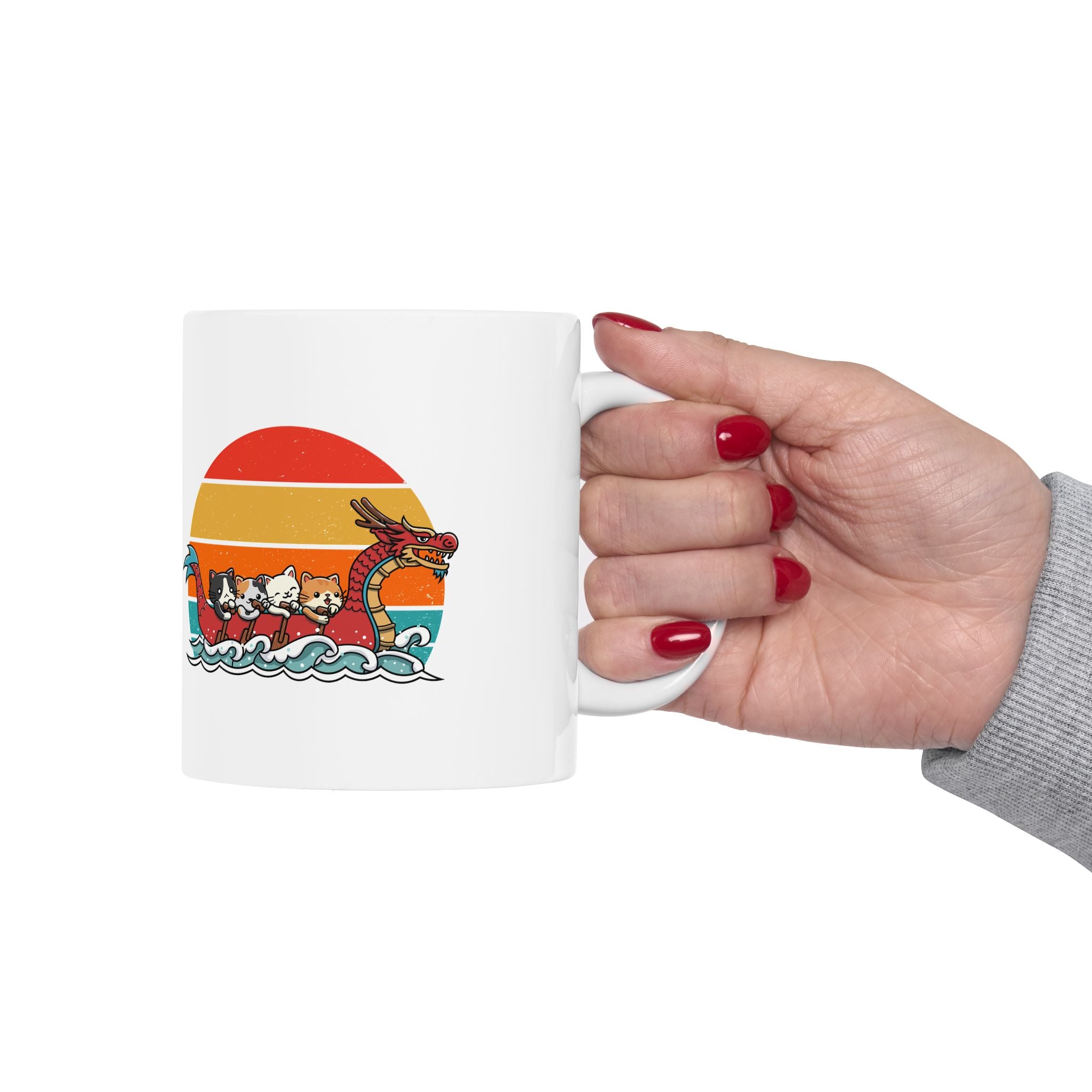 Cute Cat Dragon Boat Racing Retro Sunset Mug, Funny Cat Lovers Mug, Unique Gift for Cat Enthusiasts, Vintage Style Cat Art Mug