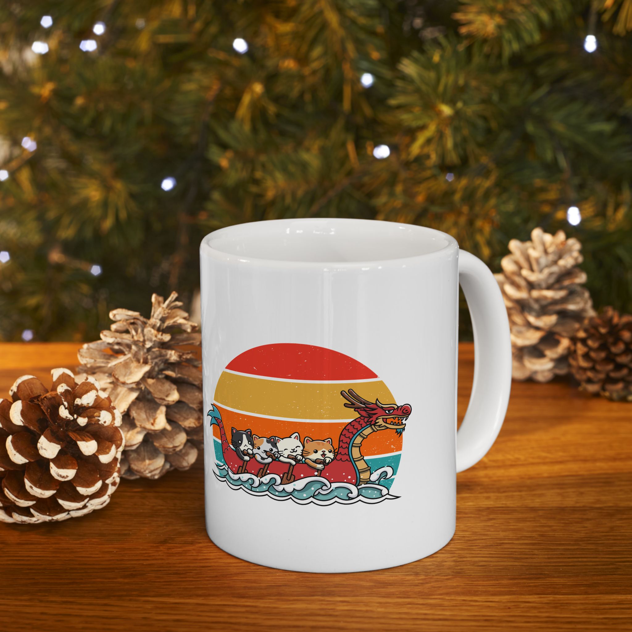Cute Cat Dragon Boat Racing Retro Sunset Mug, Funny Cat Lovers Mug, Unique Gift for Cat Enthusiasts, Vintage Style Cat Art Mug
