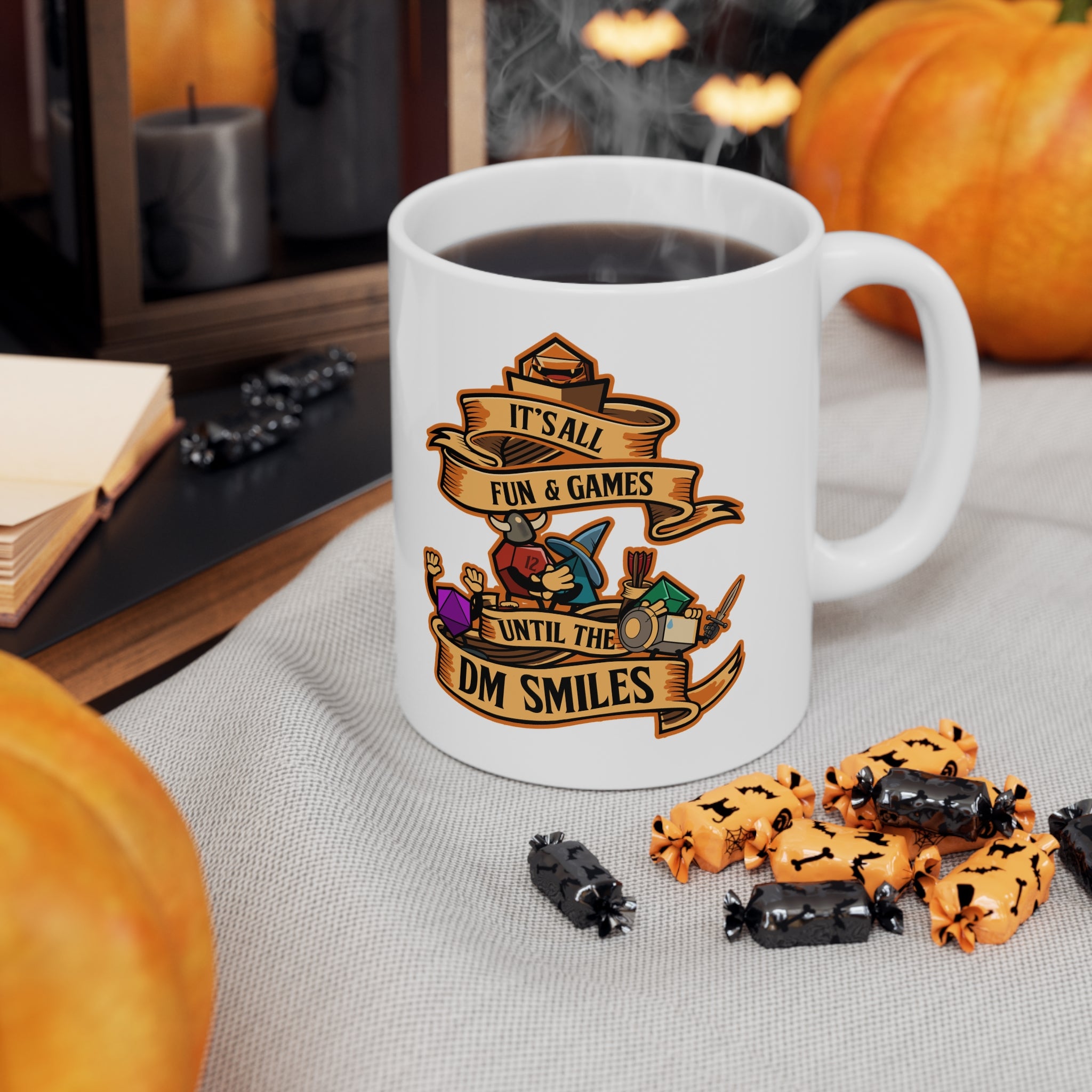 Dungeon master mug. Dnd mug. It's all Fun and Games Until the Dm smiles. D20 dice. 11/15 oz Coffee mug
