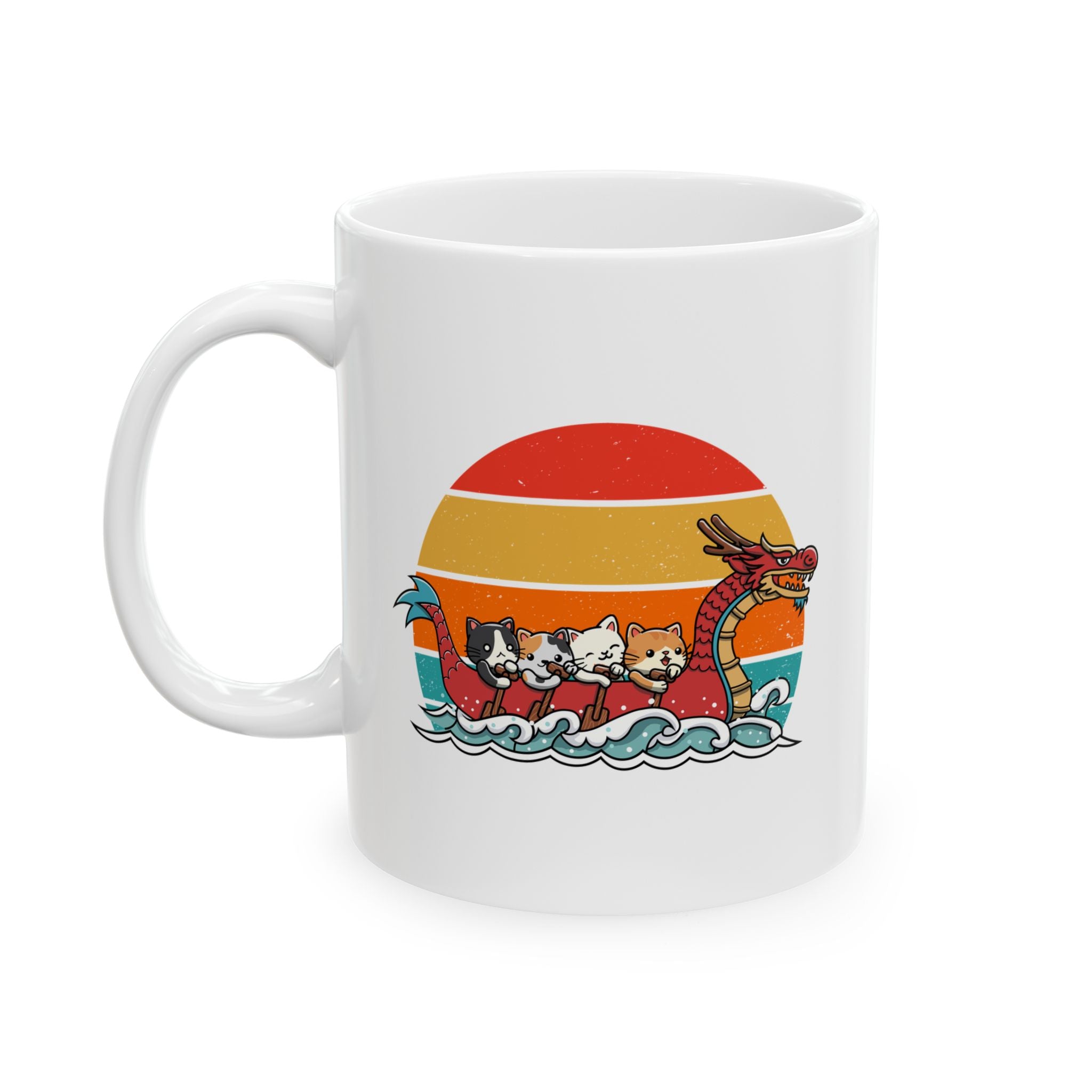 Cute Cat Dragon Boat Racing Retro Sunset Mug, Funny Cat Lovers Mug, Unique Gift for Cat Enthusiasts, Vintage Style Cat Art Mug