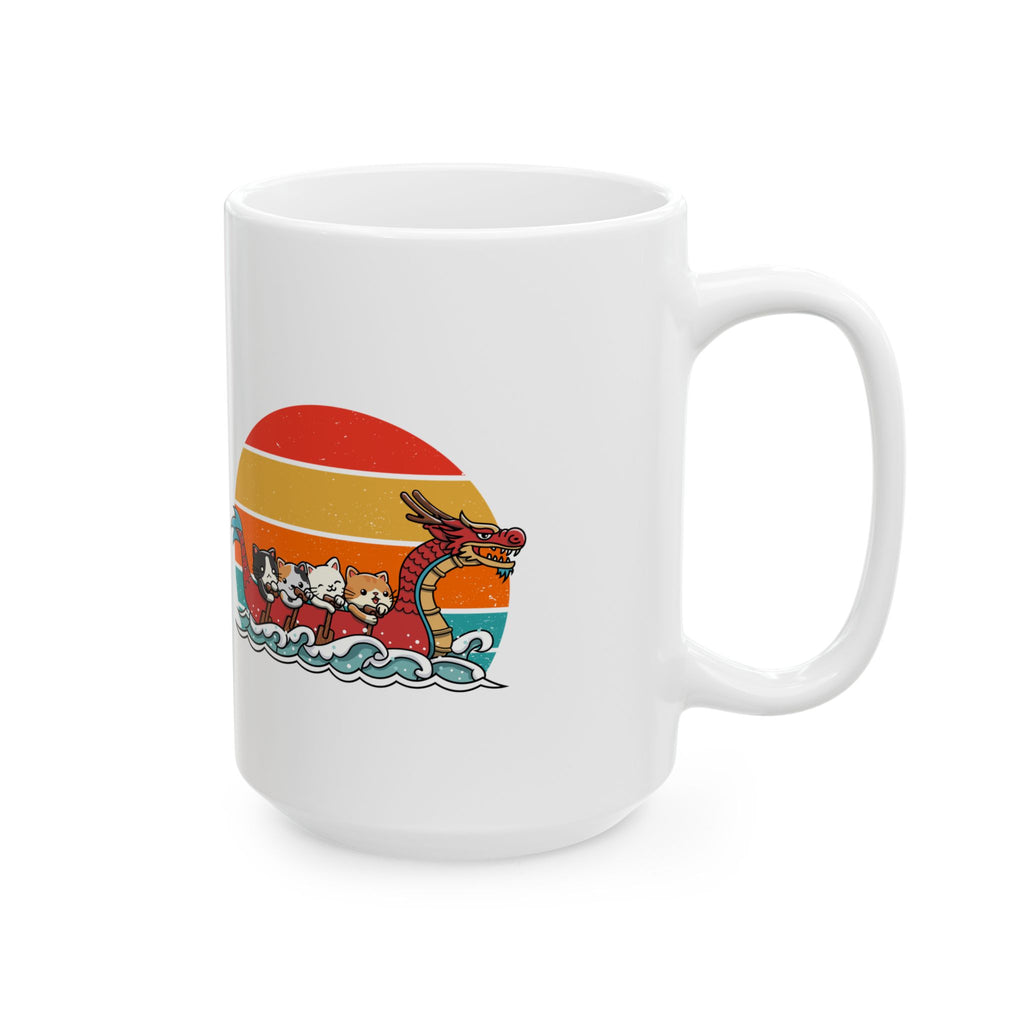 Cute Cat Dragon Boat Racing Retro Sunset Mug, Funny Cat Lovers Mug, Unique Gift for Cat Enthusiasts, Vintage Style Cat Art Mug