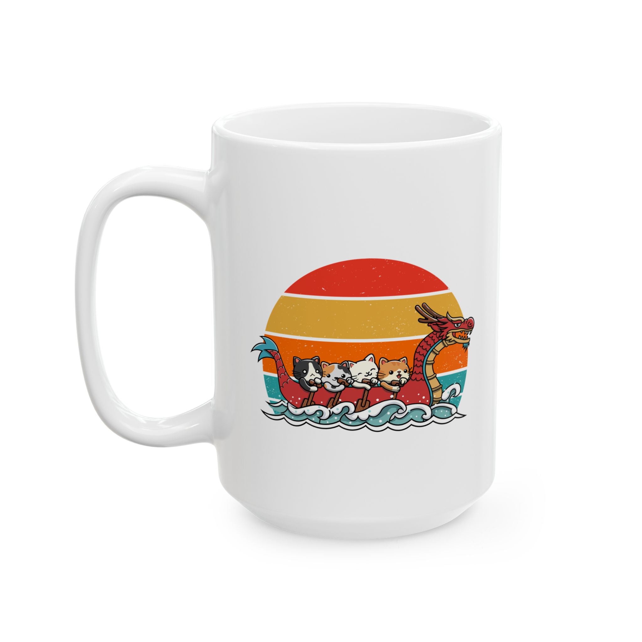 Cute Cat Dragon Boat Racing Retro Sunset Mug, Funny Cat Lovers Mug, Unique Gift for Cat Enthusiasts, Vintage Style Cat Art Mug
