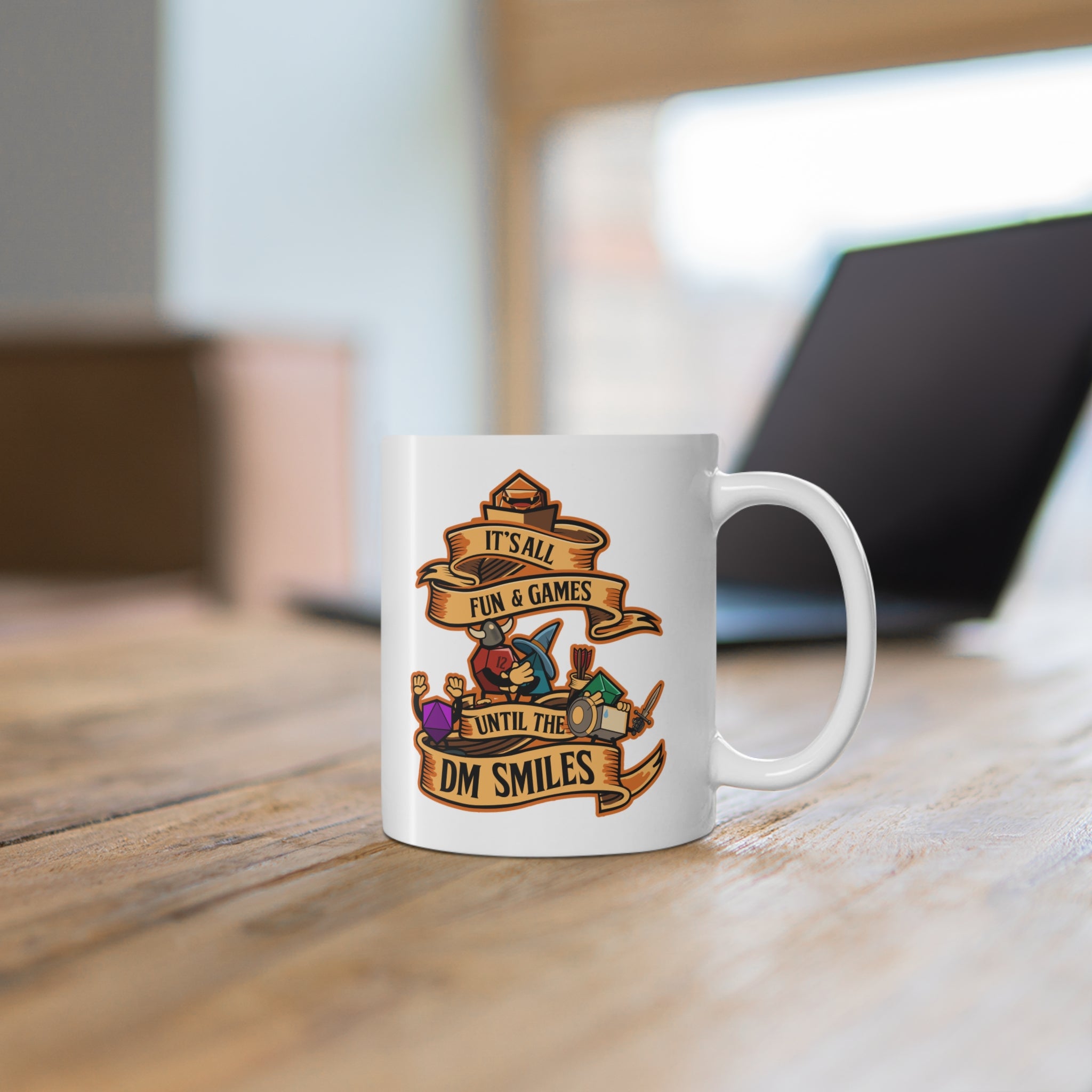 Dungeon master mug. Dnd mug. It's all Fun and Games Until the Dm smiles. D20 dice. 11/15 oz Coffee mug