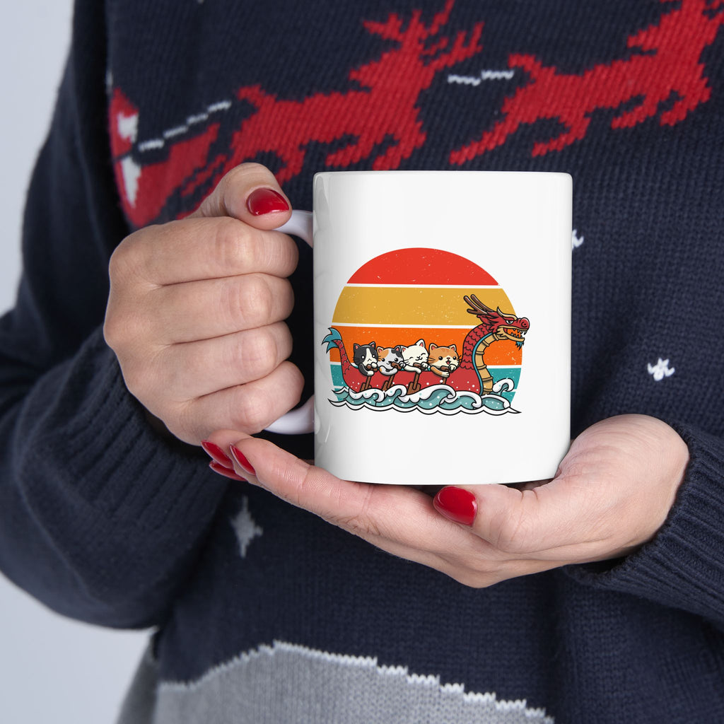 Cute Cat Dragon Boat Racing Retro Sunset Mug, Funny Cat Lovers Mug, Unique Gift for Cat Enthusiasts, Vintage Style Cat Art Mug