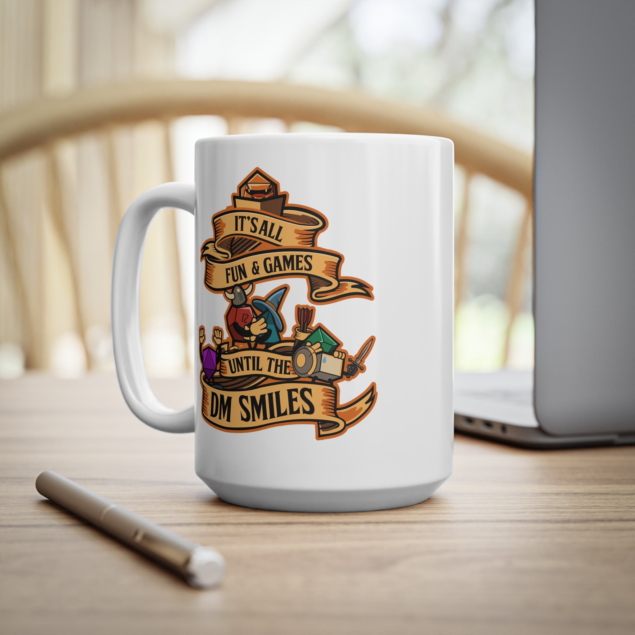 Dungeon master mug. Dnd mug. It's all Fun and Games Until the Dm smiles. D20 dice. 11/15 oz Coffee mug